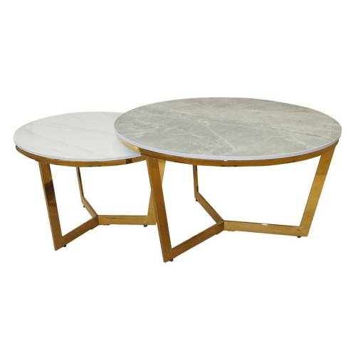 OTTO Set 2 Τραπεζάκια Σαλονιού , Χρώμιο Χρυσό, Sintered Stone Grey-White Marble Ε-00025127 ΕΜ527,S
