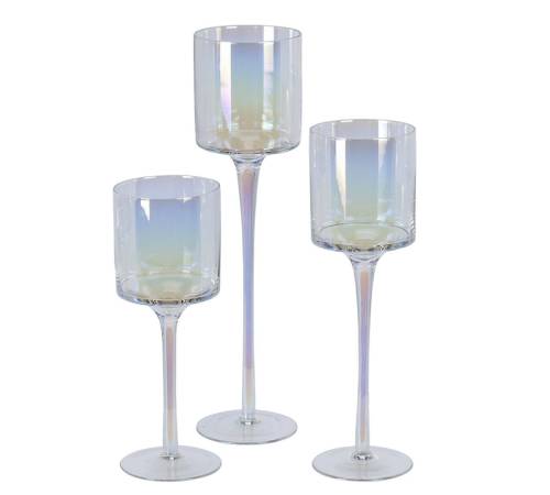 S/3 Γυάλινα κηροπήγια ιριδίζον χρ.,25/30/35cm, συσκ.δώρου HM999