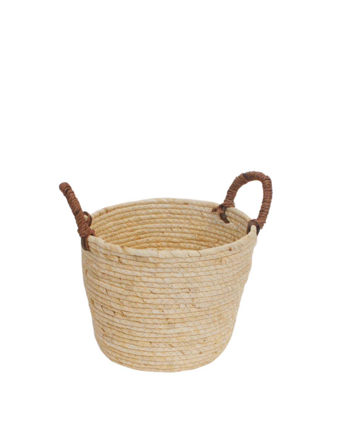 Καλάθι ψάθινο εκρού/καφέ χερούλια Φ25Η19,5/27cm