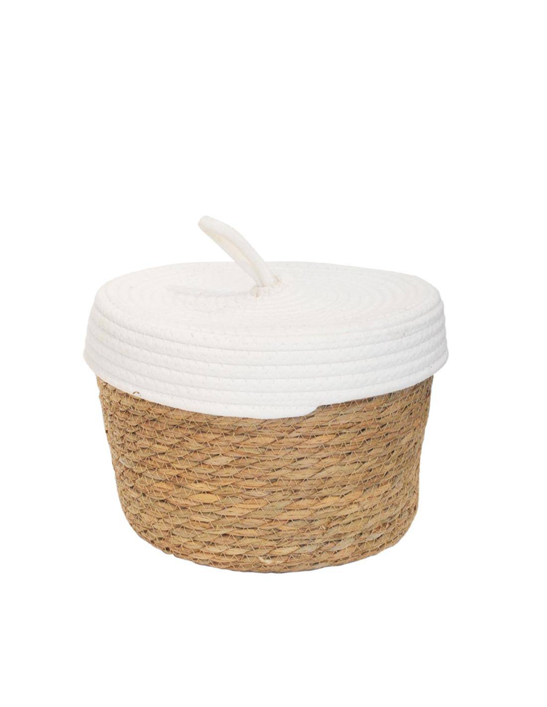 Καλάθι ψάθινο φυσικό λευκό καπάκι Φ27Η19/20,5cm