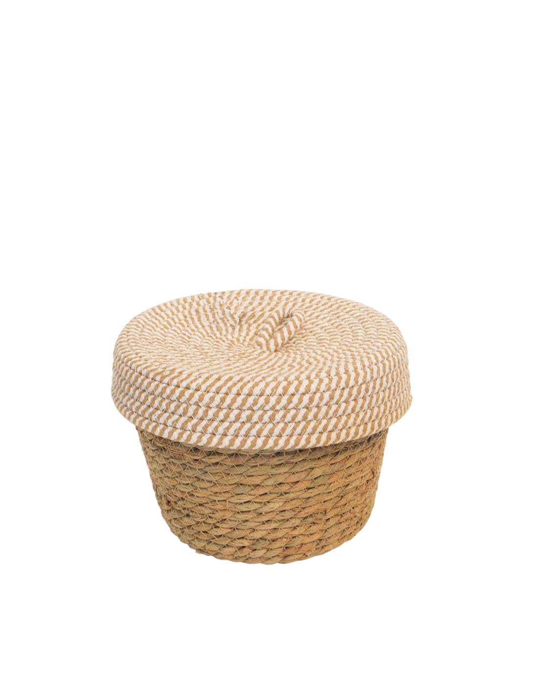 Καλάθι ψάθινο φυσικό με μπεζ καπάκι Φ22Η15/16cm