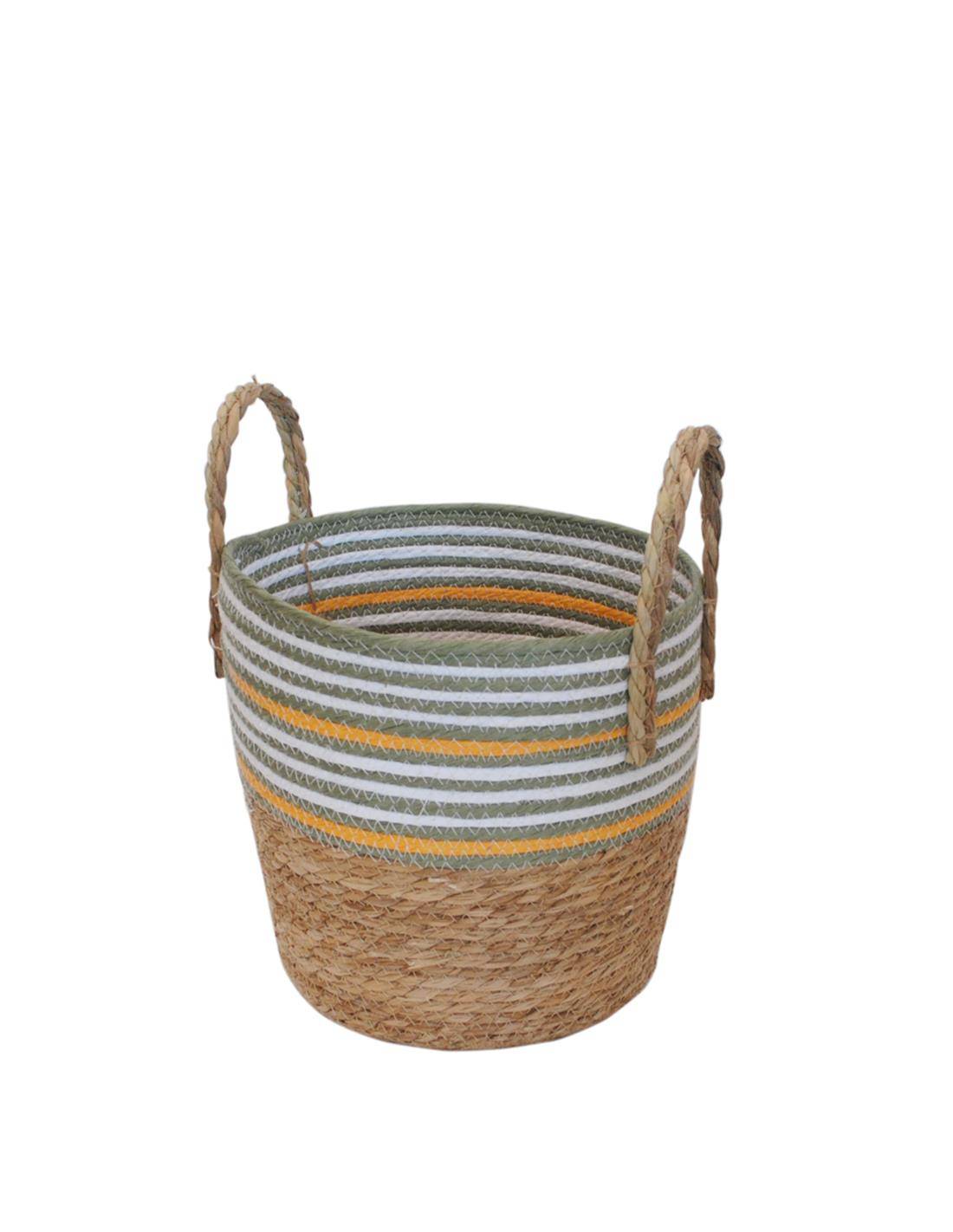 Καλάθι ψάθινο Raffia φυσικό-λευκό Φ28,5H26.5/36cm