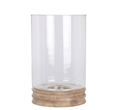 Γυάλινο κυλινδρικό φανάρι σε ξύλινη βάση mango 33cm HE574