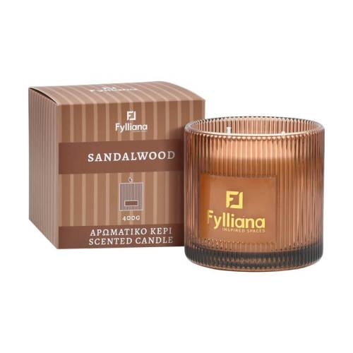 ΑΡΩΜΑΤΙΚΟ ΚΕΡΙ "Sandalwood" Fylliana FL25245 ΣΕ ΓΥΑΛΙΝΟ ΒΑΖΑΚΙ 400gr ΚΑΙ ΣΥΣΚΕΥΑΣΙΑ ΔΩΡΟΥ