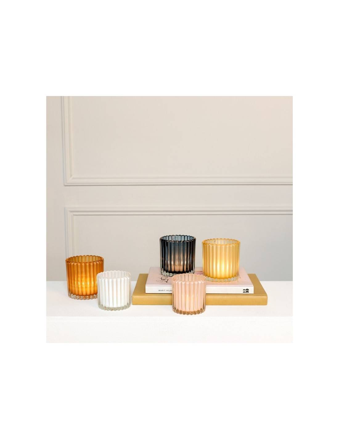 Κηροπήγιο γυαλ.ποτήρι ροζ ριγωτό Φ9Η9cm