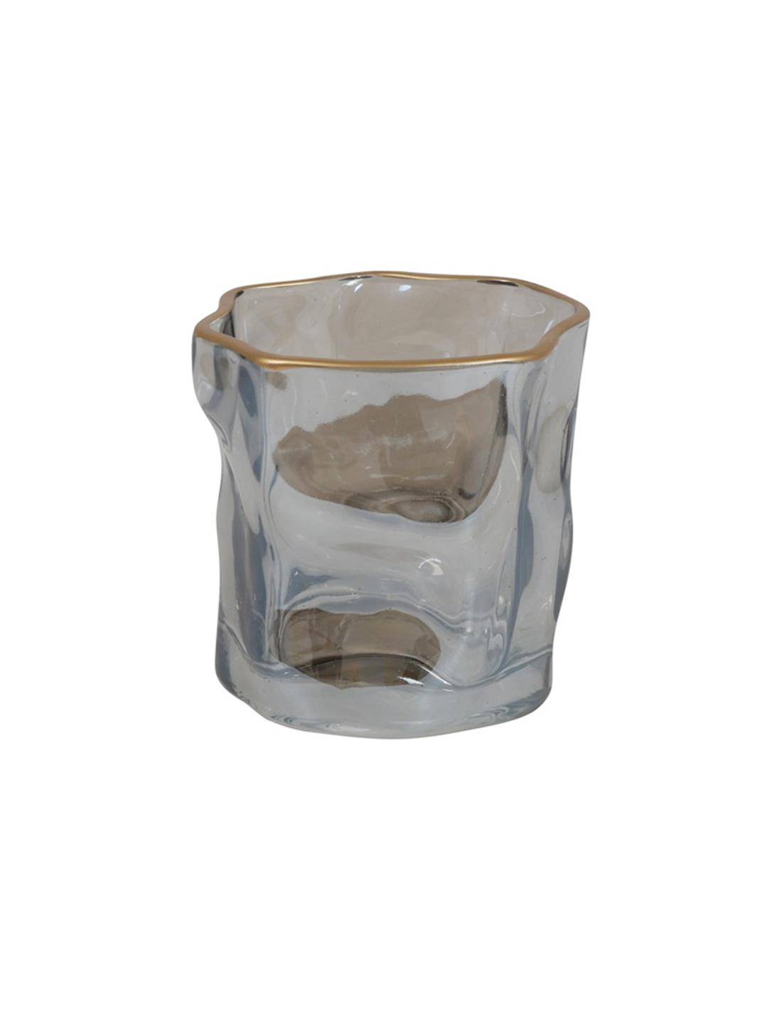 Κηροπήγιο γυάλινο γκρι χρυσό rim Φ7,7Η7,7cm