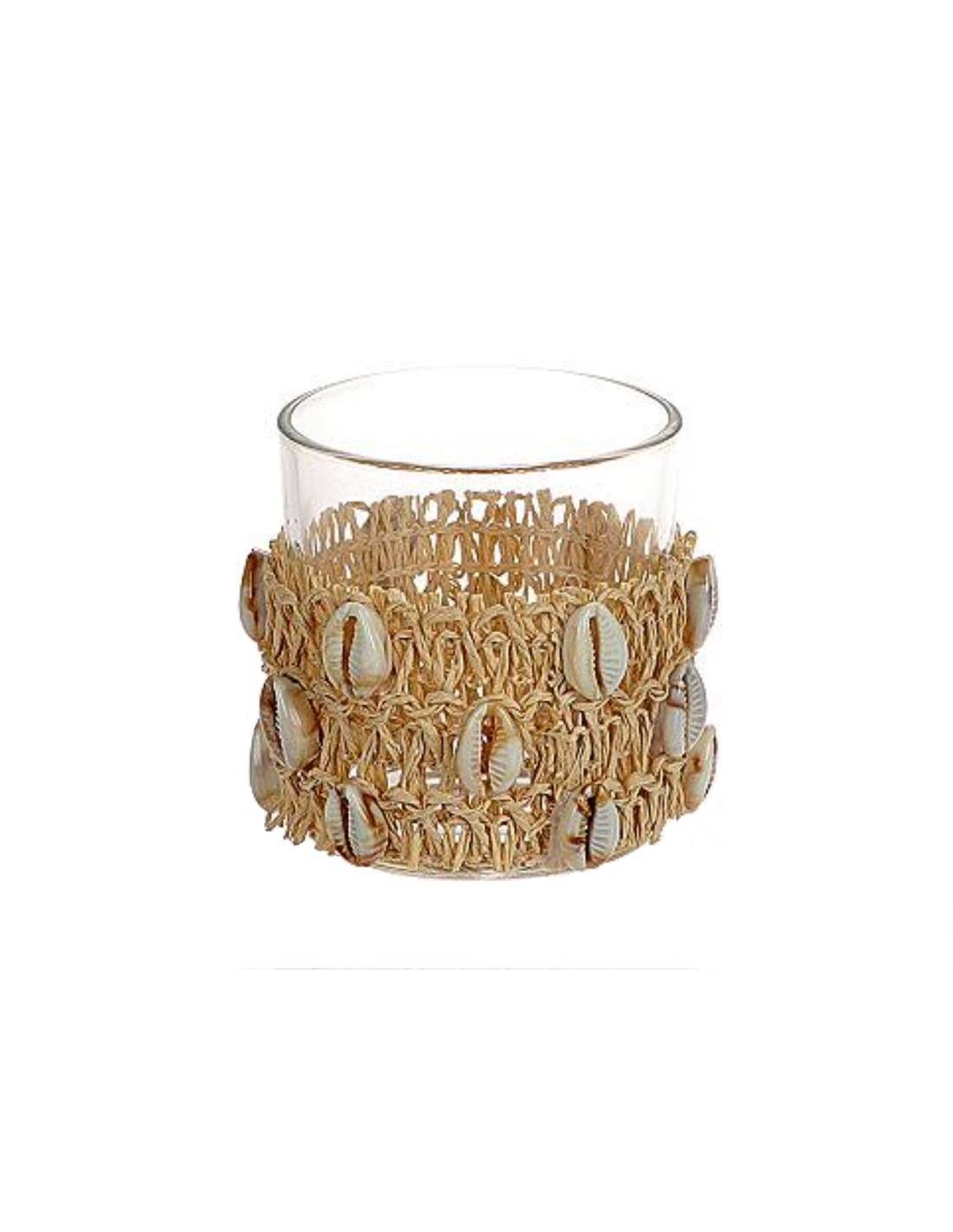 Κηροπήγιο γυάλινο με δίχτυ&κοχύλια Φ7,3Η8cm