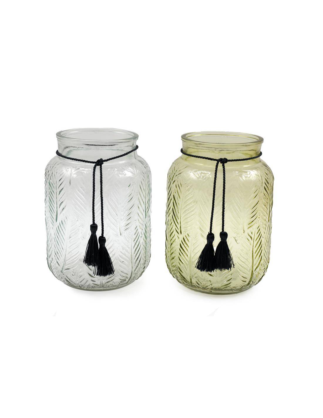 Κηροπήγιο γυάλινο με φούντες/2χρώματα Φ14,5x20,5cm