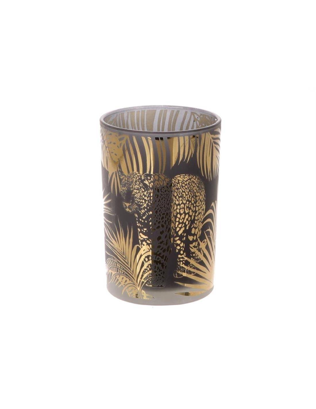 Κηροπήγιο ποτήρι γυαλ.χρυσή λεοπάρδαλη Φ7 Η8cm