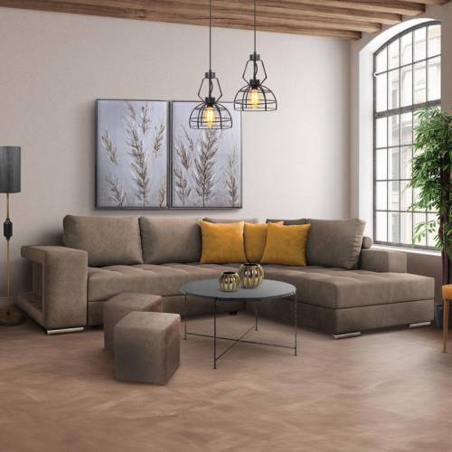 ΚΑΝΑΠΕΣ ΔΕΞΙΑ ΓΩΝΙΑ Fylliana New Karina ΚΑΦΕ ΧΡΩΜΑ ΜΕ ΚΙΤΡΙΝΑ ΔΙΑΚΟΣΜΗΤΙΚΑ ΜΑΞΙΛΑΡΙΑ ΚΑΙ ΣΚΑΜΠΟ 278x218x85εκ