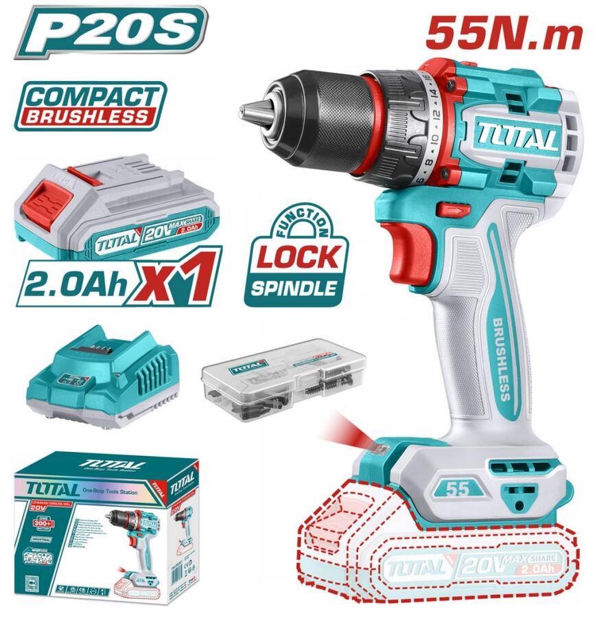 TOTAL ΕΠΑΓΓ. ΔΡΑΠ/ΒΙΔΟ ΜΠΑΤ. Li-ion 20V / 2Ah / 55Nm / 1 ΜΠΑΤ BL Motor (TDLI205582E)