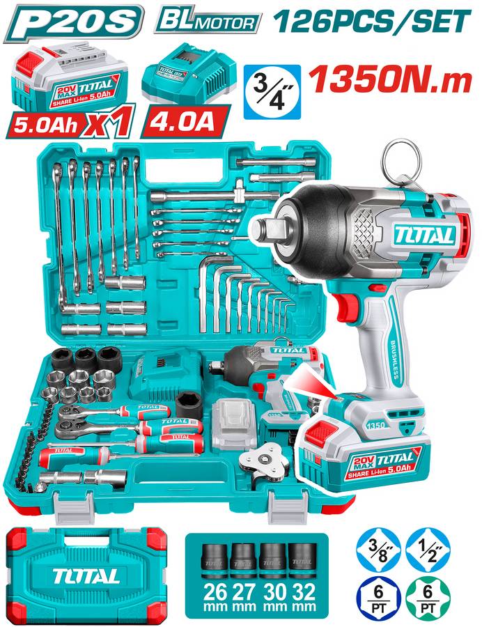 TOTAL ΕΠΑΓΓ. ΣΕΤ ΜΠΟΥΛΟΝΟΚΛΕΙΔΟ ΜΠΑΤ. Li-ion 20V / 1350Nm / 5Ah / 1 ΜΠΑΤ 126ΤΕΜ (THKTHP31262)