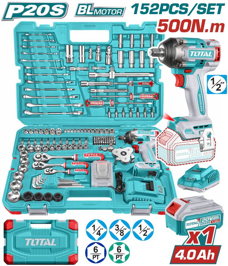 TOTAL ΕΠΑΓΓ. ΣΕΤ ΜΠΟΥΛΟΝΟΚΛΕΙΔΟ ΜΠΑΤ. Li-ion 20V / 500Nm / 4Ah / 1 ΜΠΑΤ 152ΤΕΜ BL Motor (THKTHP31522)