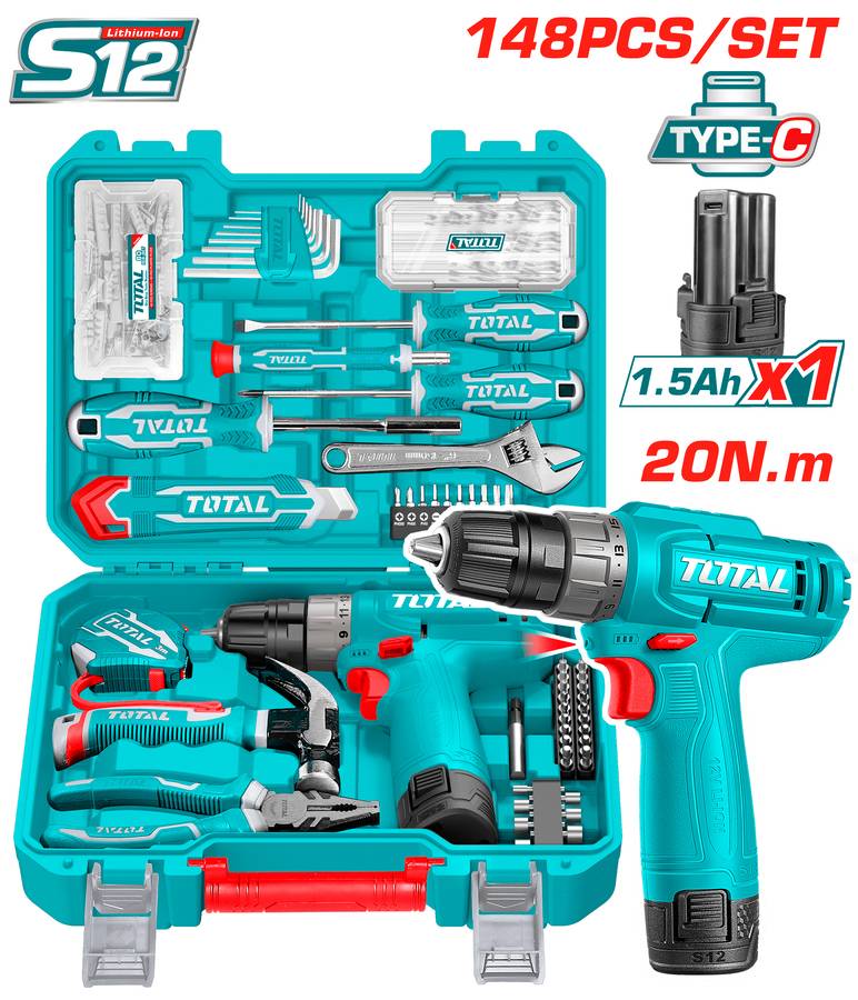 TOTAL ΣΕΤ ΔΡΑΠΑΝΟΚΑΤΣΑΒΙΔΟ ΜΠΑΤ. Li-ion 12V / 1.5Ah  / 20Nm 148ΤΕΜ Type C (THKTHP41487E)