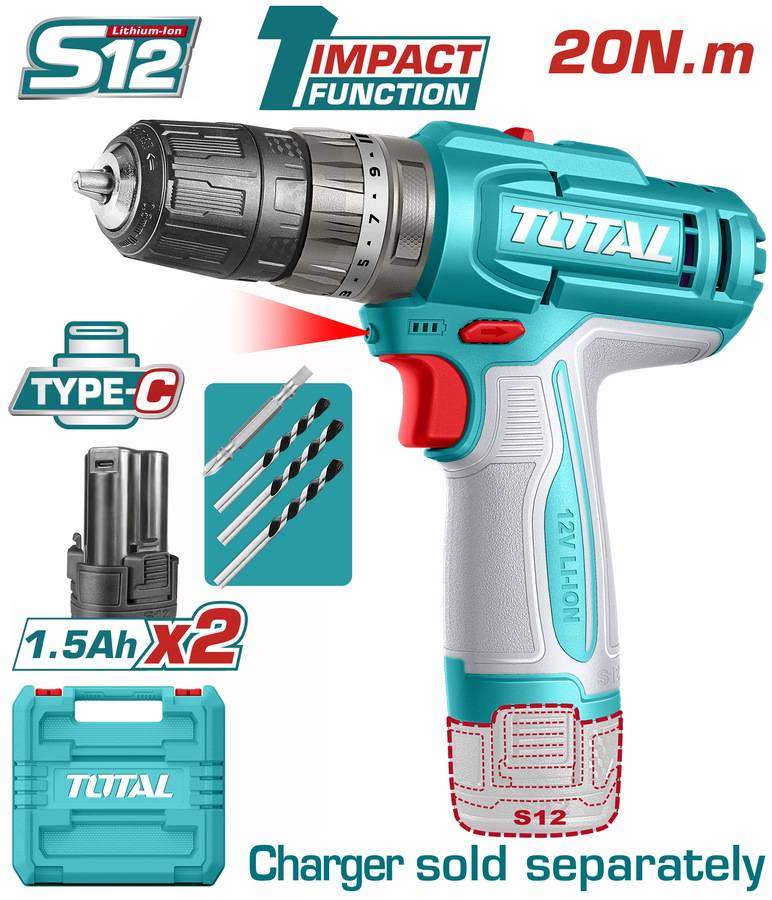 TOTAL ΔΡΑΠ/ΒΙΔΟ ΚΡΟΥΣΤΙΚΟ ΜΠΑΤ. Li-ion 12V / 1.5Ah / 20Nm / 2 ΜΠΑΤ Type-C (TIDLI12206E)