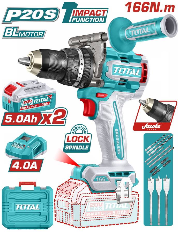 TOTAL ΕΠΑΓΓ. ΔΡΑΠ/ΒΙΔΟ ΚΡΟΥΣΤΙΚΟ ΜΠΑΤ. Li-ion 20V / 5Ah / 166Nm / 2 ΜΠΑΤ BL Motor (TIDLI201668E)