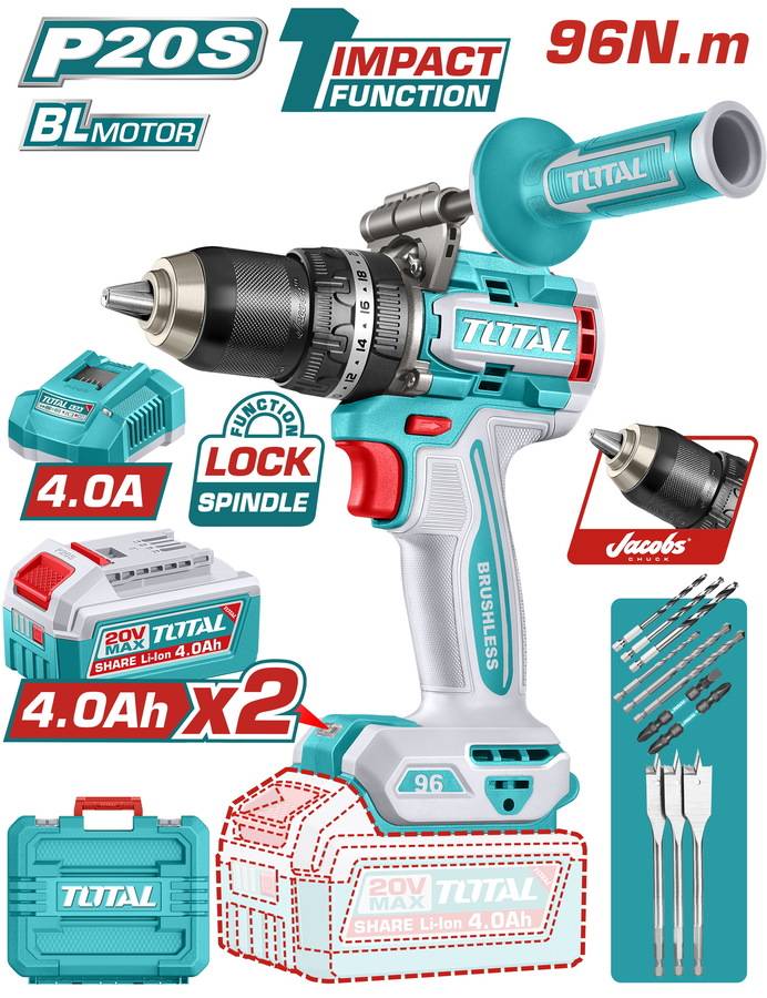 TOTAL ΕΠΑΓΓ. ΔΡΑΠ/ΒΙΔΟ ΚΡΟΥΣΤΙΚΟ ΜΠΑΤ. Li-ion 20V / 4Ah / 96Nm / 2 ΜΠΑΤ BL Motor (TIDLI209686E)