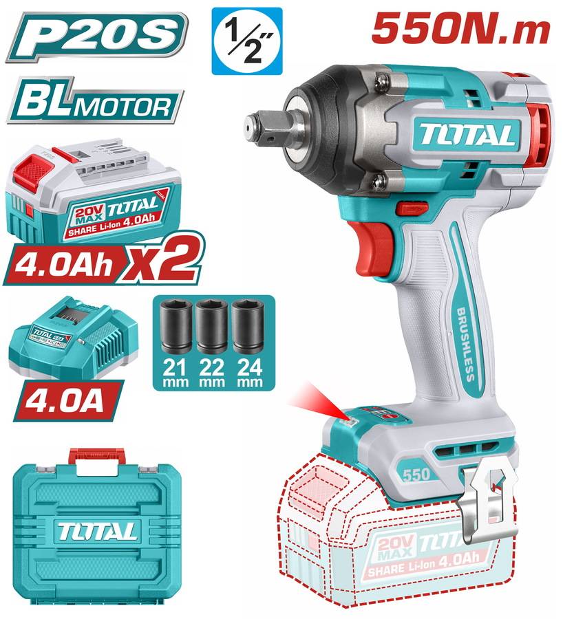 TOTAL ΕΠΑΓΓ. ΜΠΟΥΛΟΝΟΚΛΕΙΔΟ ΜΠΑΤ. Li-ion 20V / 4Ah / 550Nm / 2 ΜΠΑΤΑΡΙΕΣ BL Motor (TIWLI2055E)
