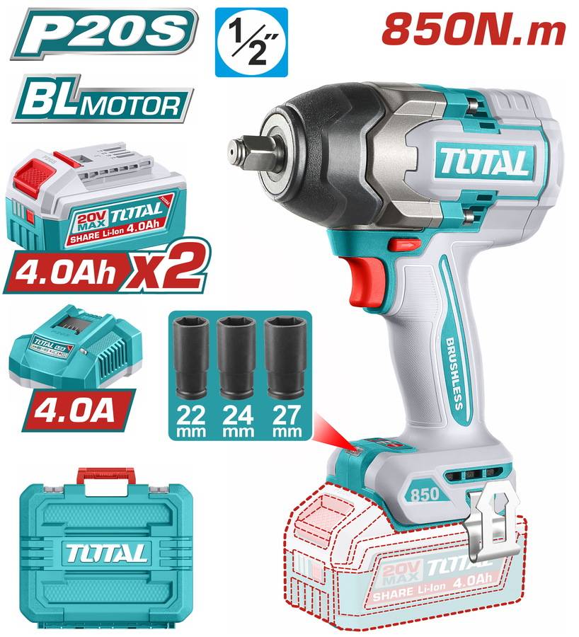 TOTAL ΕΠΑΓΓ. ΜΠΟΥΛΟΝΟΚΛΕΙΔΟ ΜΠΑΤ. Li-ion 20V / 4Ah / 850Nm / 2 ΜΠΑΤΑΡΙΕΣ (TIWLI2085E)