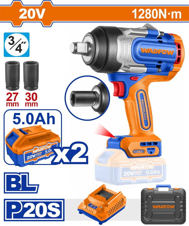 WADFOW ΜΠΟΥΛΟΝΟΚΛΕΙΔΟ ΜΠΑΤ. Li-ion 20V / 1280Nm / 5Ah / 2 ΜΠΑΤ BL Motor (WCD1B128E)