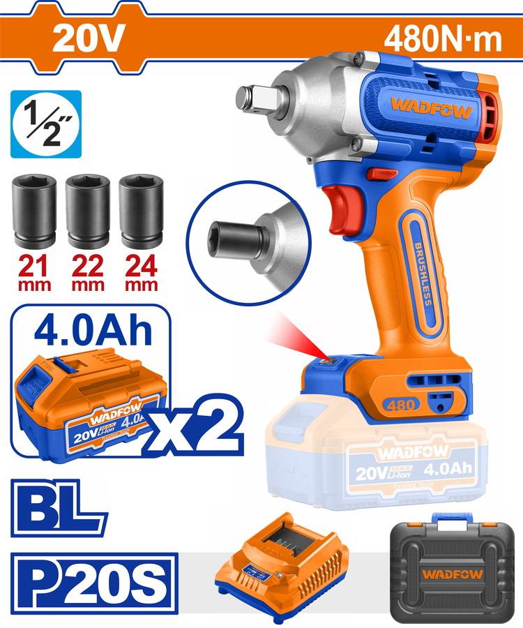 WADFOW ΜΠΟΥΛΟΝΟΚΛΕΙΔΟ ΜΠΑΤ. Li-ion 20V / 480Nm / 4Ah / 2 ΜΠΑΤ BL Motor (WCD1B483E)