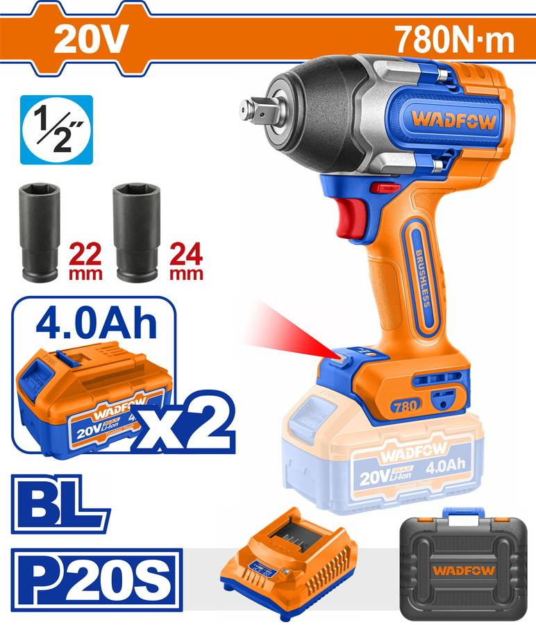 WADFOW ΜΠΟΥΛΟΝΟΚΛΕΙΔΟ ΜΠΑΤ. Li-ion 20V / 780Nm / 4Ah / 2 ΜΠΑΤ BL Motor (WCD1B78E)