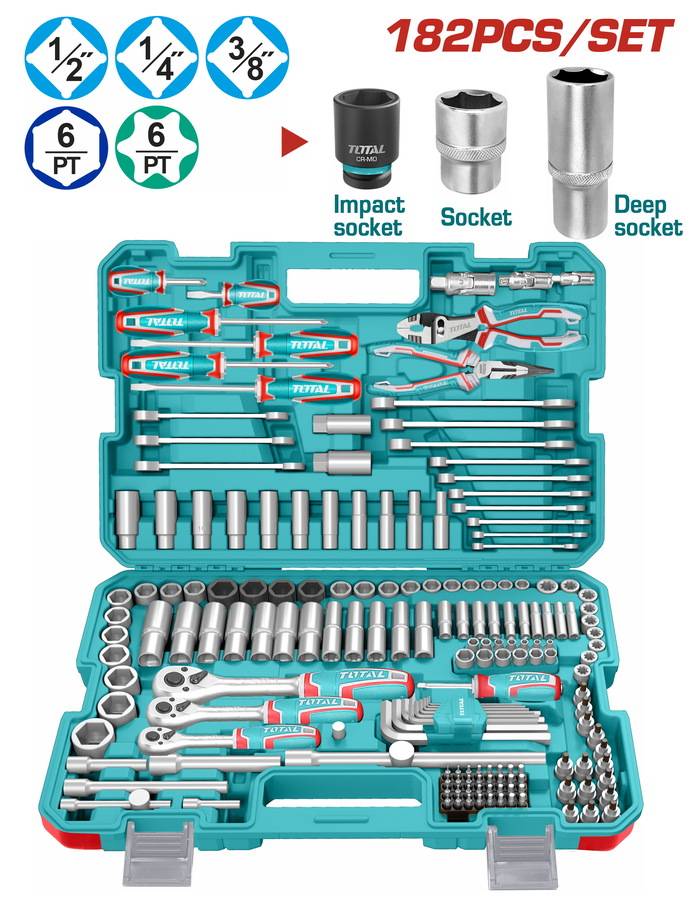 TOTAL ΕΠΑΓΓ. ΚΑΣΕΤΙΝΑ ΚΑΡΥΔΑΚΙΑ 1/4"-3/8"-1/2" & ΕΡΓΑΛΕΙΑ ΧΕΙΡΟΣ 182ΤΕΜ (THKTHP61827)
