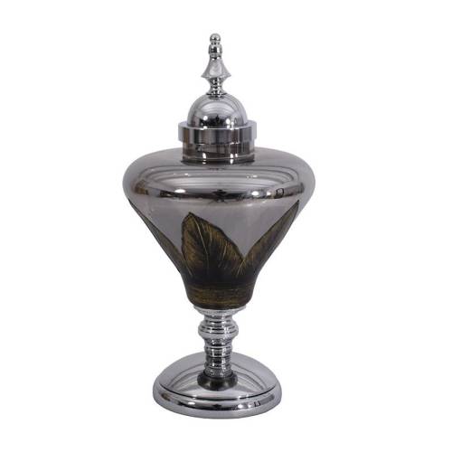 ΓΥΑΛΙΝΟ ΒΑΖΟ ΜΕ ΚΑΠΑΚΙ ΚΑΙ ΜΕΤΑΛΛΙΚΟ ΠΟΔΙ Fylliana FL104 ΜΑΥΡΟ-ΑΣΗΜΙ ΧΡΩΜΑ 25x50εκ