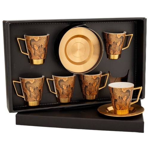 ΣΕΤ 6 ΧΡΥΣΟ ΜΕ ΦΙΔΙΣΙΟ ΜΟΤΙΒΟ ΦΛΥΤΖΑΝΙ ΜΕ ΠΙΑΤΑΚΙ ΚΕΡΑΜΙΚΟ+ΜΕΤΑΛΛΟ  6x7 11εκ πιατάκι