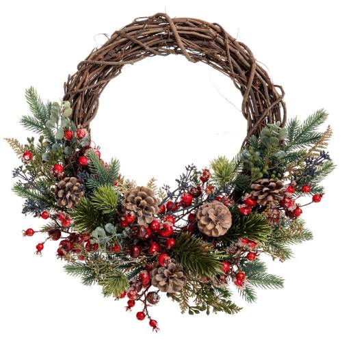 ΠΑΓΩΜΕΝΟ ΠΡΑΣΙΝΟ ΣΤΕΦΑΝΙ ΜΕ ΚΟΚΚΙΝΑ BERRIES ΚΑΙ  ΚΟΥΚΟΥΝΑΡΙΑ Φ50ΕΚ