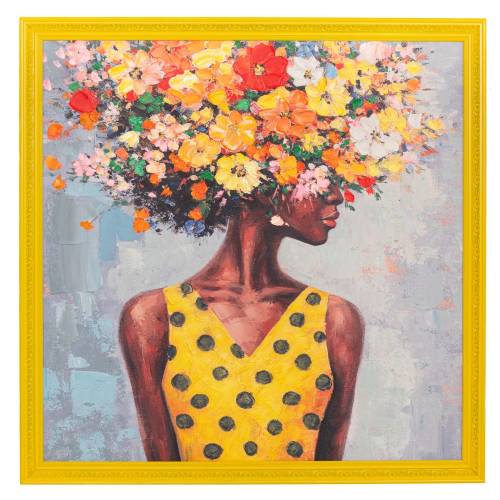 ΠΙΝΑΚΑΣ ΧΕΙΡΟΠΟΙΗΤΟΣ ΜΕ ΓΥΝΑΙΚΑ ΚΑΙ ΛΟΥΛΟΥΔΙΑ ΣΕ ΚΙΤΡΙΝΗ ΚΟΡΝΙΖΑ 88Χ88ΕΚ (80Χ80)