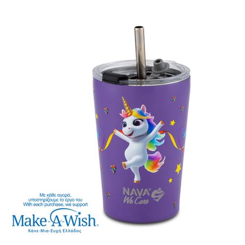 Θερμός ποτήρι με ανοξείδωτο καλαμάκι "We Care", Purple Unicorn 350ml