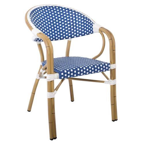 PARIS Πολυθρόνα Bistro Αλουμίνιο Φυσικό, Wicker Άσπρο - Μπλε, Στοιβαζόμενη Ε-00024033 Ε258,3