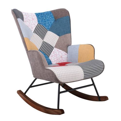 ALMA Rocking Πολυθρόνα Μπερζέρα Καθιστικού, Ύφασμα Patchwork, Βάση Μαύρο-Καρυδί Ε-00026083 Ε7143,4Κ