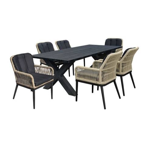 ALLEY Set Τραπεζαρία ALU Ανθρακί-Rope Φυσικό: Τραπέζι 180x94 + 6 Πολυθρόνες με Μαξιλ Ε-00025658 Ε68421,S