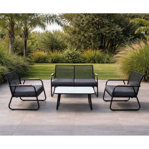 ROCCO Set Σαλόνι Κήπου 4τεμ, Μέταλλο Μαύρο,RopeWicker Γκρι, Μαξιλ.Σκούρο Γκρι, Γυαλί Μαύρο Ε-00025916 Ε6873,1