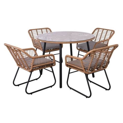 SALSA Τραπεζαρία: Μέταλλο Βαφή Μαύρο-Wicker Φυσικό, Μαξιλάρι Γκρι: Τραπέζι + 4 Πολυθρόνες Ε-00025937 Ε2802