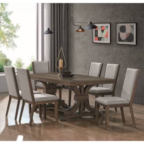 KING Set Τραπεζαρία Ξύλινη Σαλονιού: Τραπέζι+6 Καρέκλες, Antique Grey Walnut, Ύφ.Γκρι Ε-00026283 Ε7705,S