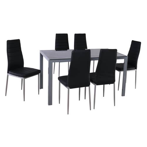 JETTA-DEGO Set Τραπεζαρία: Τραπέζι + 6 Καρέκλες, Μέταλλο Γκρι - Γυαλί Μαύρο - PVC Μαύρο Ε-00026760 ΕΜ966,S5
