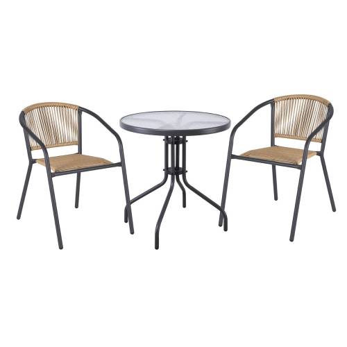 PATTY Set Κήπου - Βεράντας: Τραπέζι + 2 Πολυθρόνες Μέταλλο Βαφή Ανθρακί, PE Rattan Φυσικό Ε-00026863 Ε2391,1S