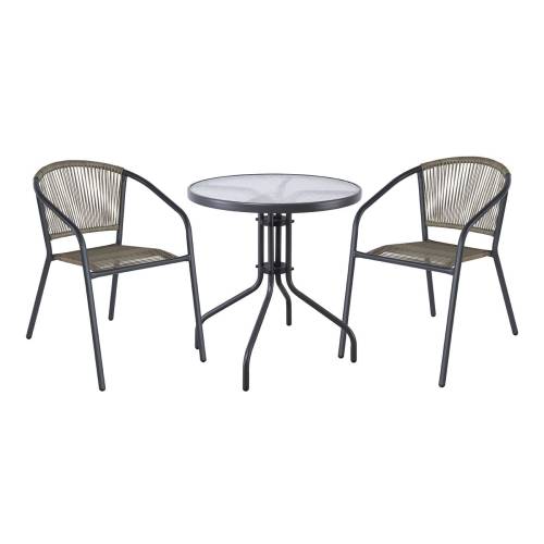 PATTY Set Κήπου - Βεράντας: Τραπέζι + 2 Πολυθρόνες Μέταλλο Βαφή Ανθρακί, PE Rattan Γκρι Ε-00026864 Ε2391,2S