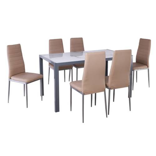 JETTA-DEGO Set Τραπεζαρία: Τραπέζι + 6 Καρέκλες, Μέταλλο Γκρι - Γυαλί Marble - PVC Μπεζ Ε-00026732 ΕΜ966,S4