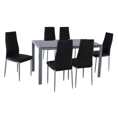 JETTA-DEGO Set Τραπεζαρία: Τραπέζι + 6 Καρέκλες, Μέταλλο Γκρι - Γυαλί Μαύρο - PVC Μαύρο Ε-00026760 ΕΜ966,S5