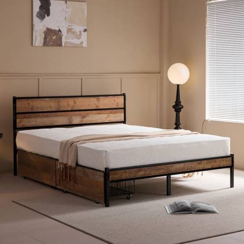 PALLET Κρεβάτι Διπλό-Συρτάρια, για Στρώμα 160x200cm, Μέταλλο Βαφή Μαύρο, Antique Oak Ε-00026028 Ε8431,1