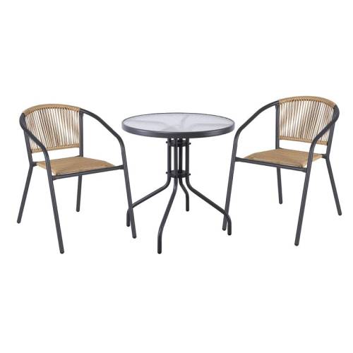 PATTY Set Κήπου - Βεράντας: Τραπέζι + 2 Πολυθρόνες Μέταλλο Βαφή Ανθρακί, PE Rattan Φυσικό Ε-00026863 Ε2391,1S