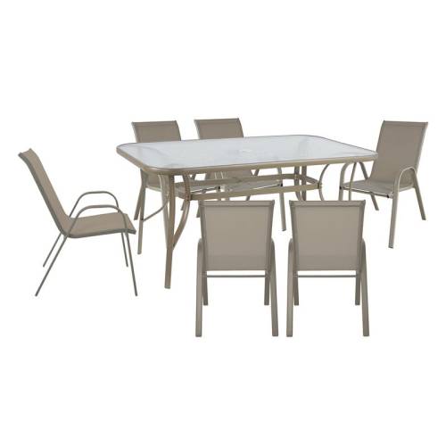 RIO Set Τραπεζαρία Κήπου Μέταλλο Βαφή Μπεζ, Textilene Μπεζ: Τραπέζι + 6 Πολυθρόνες Ε-00026149 Ε250,82