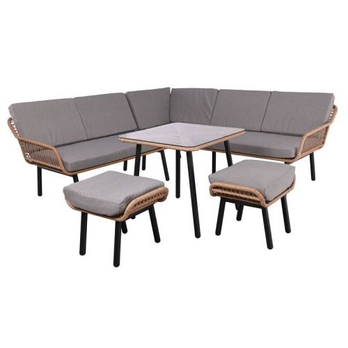 SALSA CORNER Σαλόνι-Καθιστικό: Τραπέζι + Καναπές Γωνία + 2 Σκαμπό, Μέταλλο-Wicker Φυσικό Ε-00025938 Ε2801