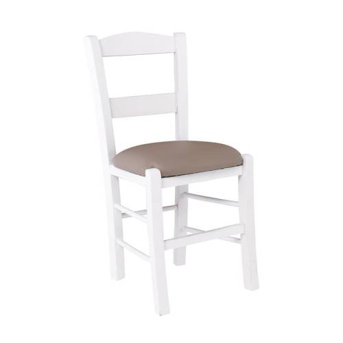 ΣΥΡΟΣ Καρέκλα Οξιά Βαφή Εμποτισμού Λάκα Άσπρο, Κάθισμα Pu Cappuccino Ρ-00026095 Ρ950,Ε8Τ1